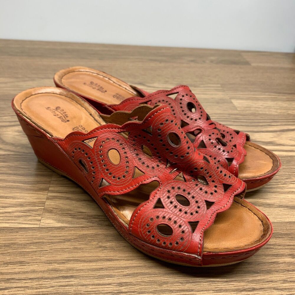 Spring Step Leather Wedge Sandals Labarnas‎ Red Size 41 US 10